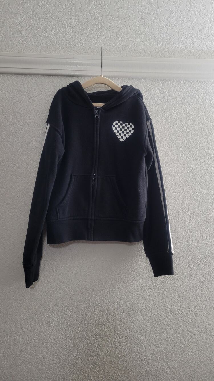 SO Girls Black Full Zip Hoodie S 7 Checkerboard Heart Stripe Skater Jacket